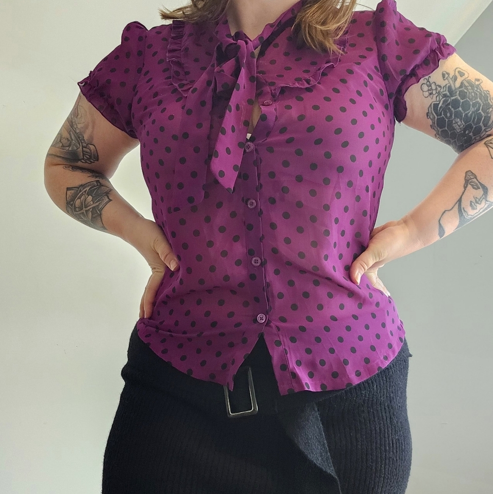 Vintage Purple With Black Polka Dot Women's Short Sleeve Blouse - Picture 5 of 7